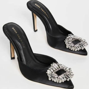 Good American Jeweled Satin Slipper Mules Heels In Black Size 9 NEW